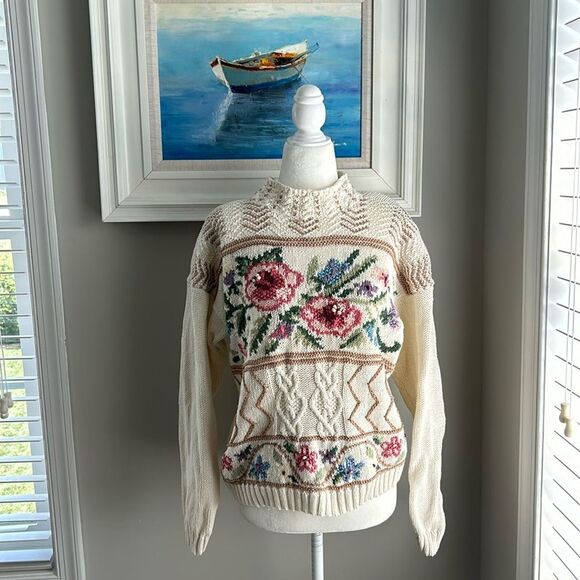Vintage 90s  Beldochpopper Floral Turtleneck Fall Cottagecore Sweater Large - Picture 1 of 9